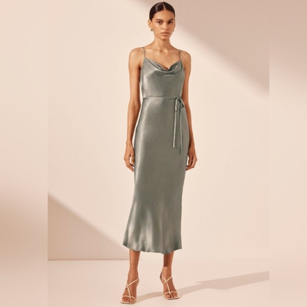 shona joy la lune bias cowl midi dress - sage